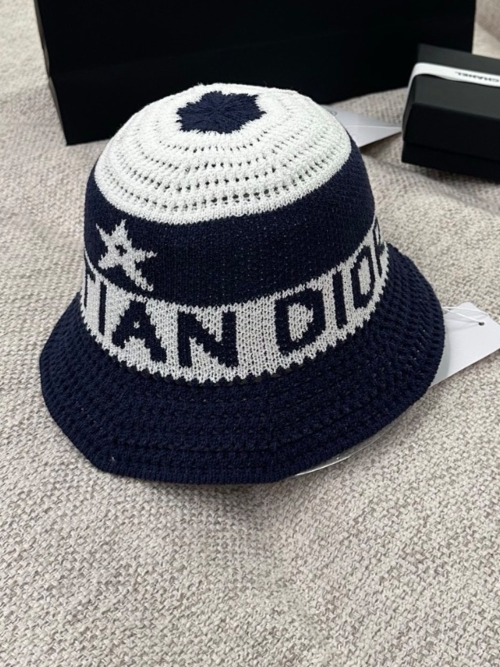 Dior. Navy Blue White Knit Bucket Hat Fashion Spellout Star